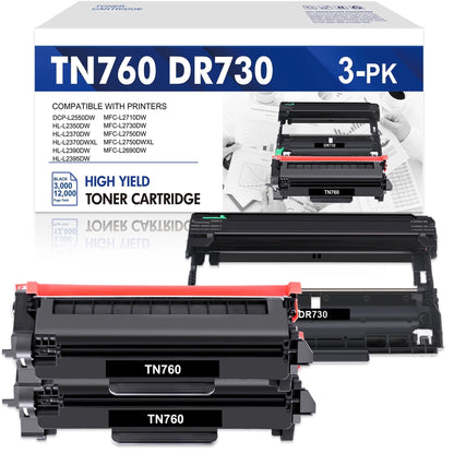 Colorich Compatible for Brother TN760 TN-760 Toner Cartridge DR730 Drum TN-730 DR-730 for MFC-L2710DW MFC-L2750DW HL-L2350DW HL-L2370DW Printer ( 2 Black Toner, 1 Drum Unit)