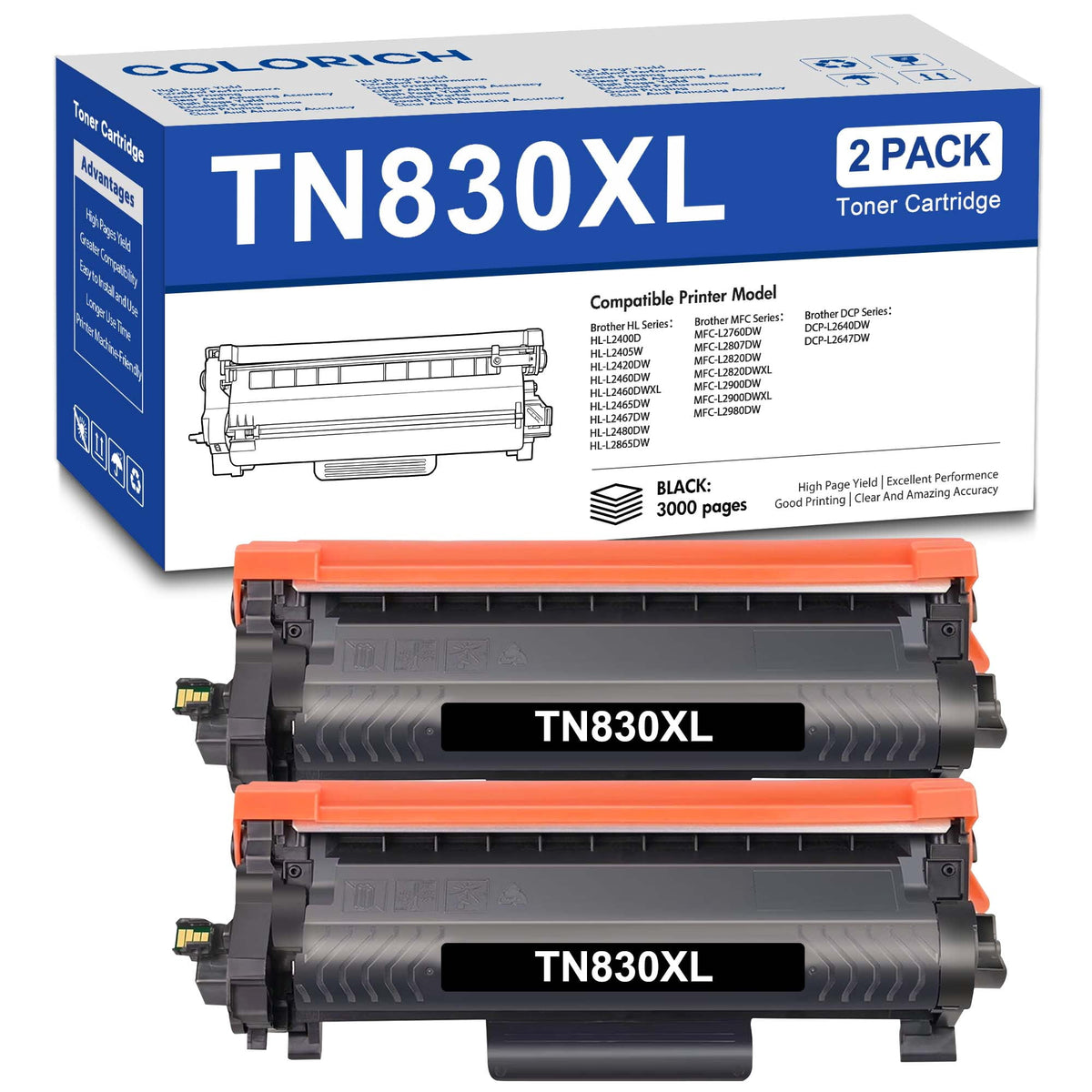 TN830XL TN830 Black High Yield Toner Cartridge Compatible for Brother TN830XL TN830 TN-830 HL-L2460DW HL-L2405W DCP-L2640DW MFC-L2820DW HL-L2400D L2405W L2480DW MFC-L2820DWXL Printer Ink 2-Pack