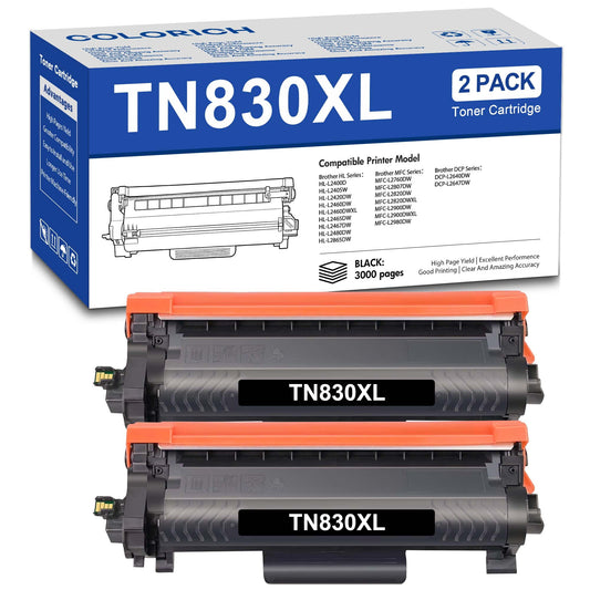 TN830XL TN830 Black High Yield Toner Cartridge Compatible for Brother TN830XL TN830 TN-830 HL-L2460DW HL-L2405W DCP-L2640DW MFC-L2820DW HL-L2400D L2405W L2480DW MFC-L2820DWXL Printer Ink 2-Pack