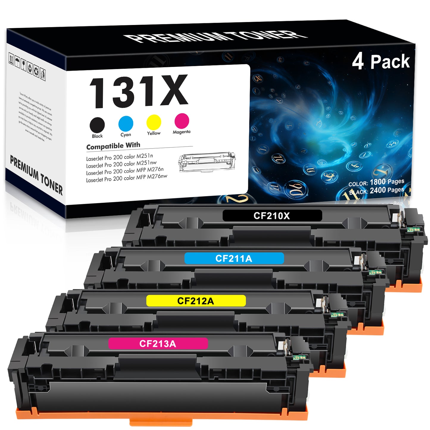 131X 131A Toner Cartridge 4-Pack Compatible for HP 131A 131X CF210X Laserjet Pro 200 Color MFP M276nw M251nw M251n M276n CF210A CF211A CF212A CF213A Printer Ink (Black Cyan Yellow Magenta)