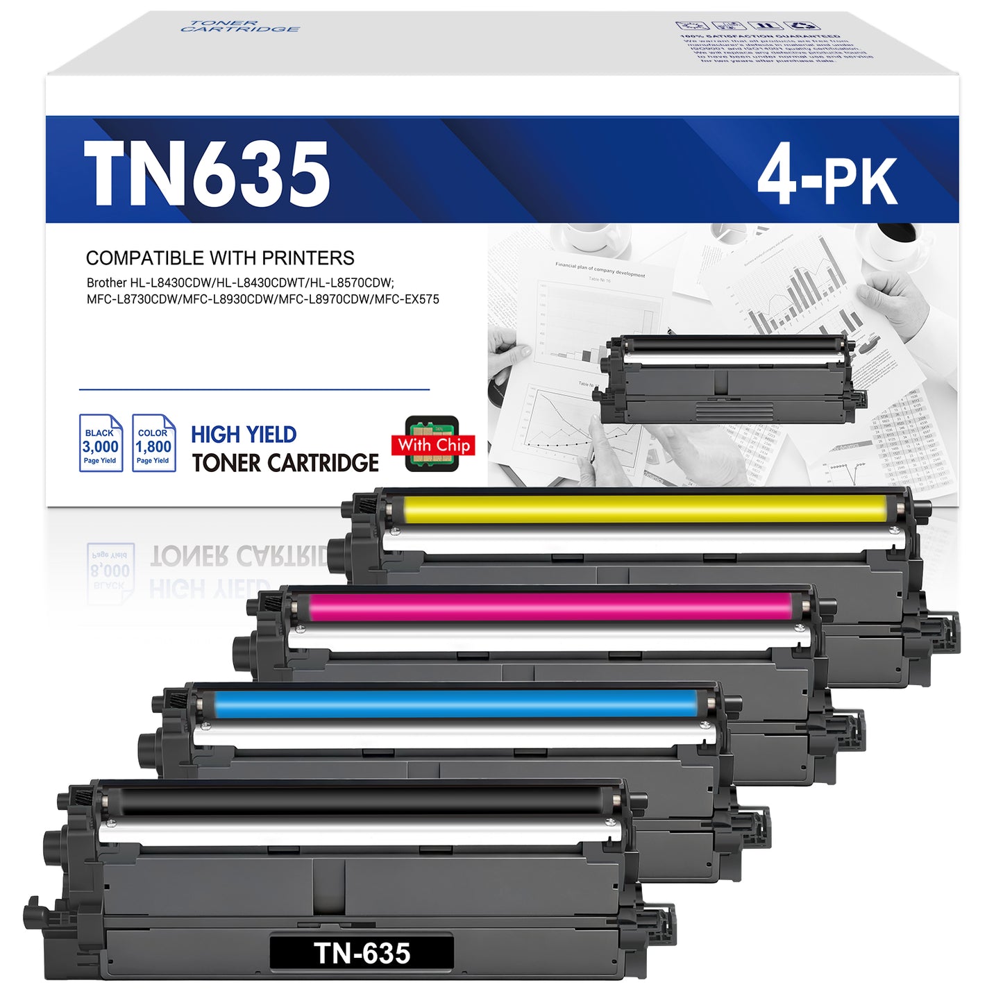 TN635 Toner Cartridge with Chip Compatible for Brother TN 635 TN635 Toner for Brother HL-L8430CDW L8430CDWT L8570CDW MFC-L8730CDW MFC-L8930CDW Printer (Black, Cyan, Magenta, Yellow 4-pack)
