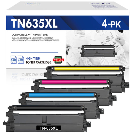 TN635XL Toner Cartridge with Chip Compatible for Brother TN635XL TN 635XL for Brother HL-L8430CDW L8430CDWT L8570CDW MFC-L8730CDW L8930CDW Printer (Black, Cyan, Magenta, Yellow 4pack)