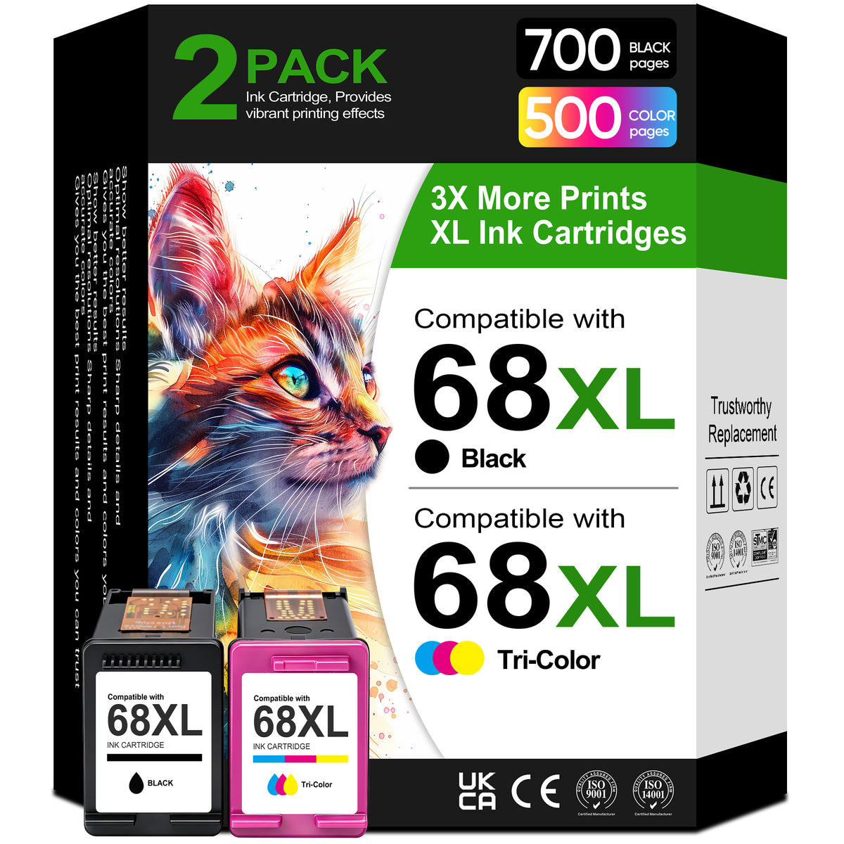 68 Ink Cartridges Compatible for HP 68 68e 68XL Ink Cartridge Combo Pack for Envy 6120e 6152e 6155e 6552e 6555e 6558e DeskJet 4322 Printer (2 Pack)