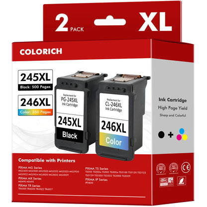 245XL Ink Cartridge Compatible for Canon Ink 245 and 246 for Canon Pixma MX492 TR4520 MG3020 MG2920 MG2924 TS3320 TS3120 MX490 MG2522 MG2922 TR4522 TR4527 TS3322 Printer,2 Pack(Black+Tri-Color)