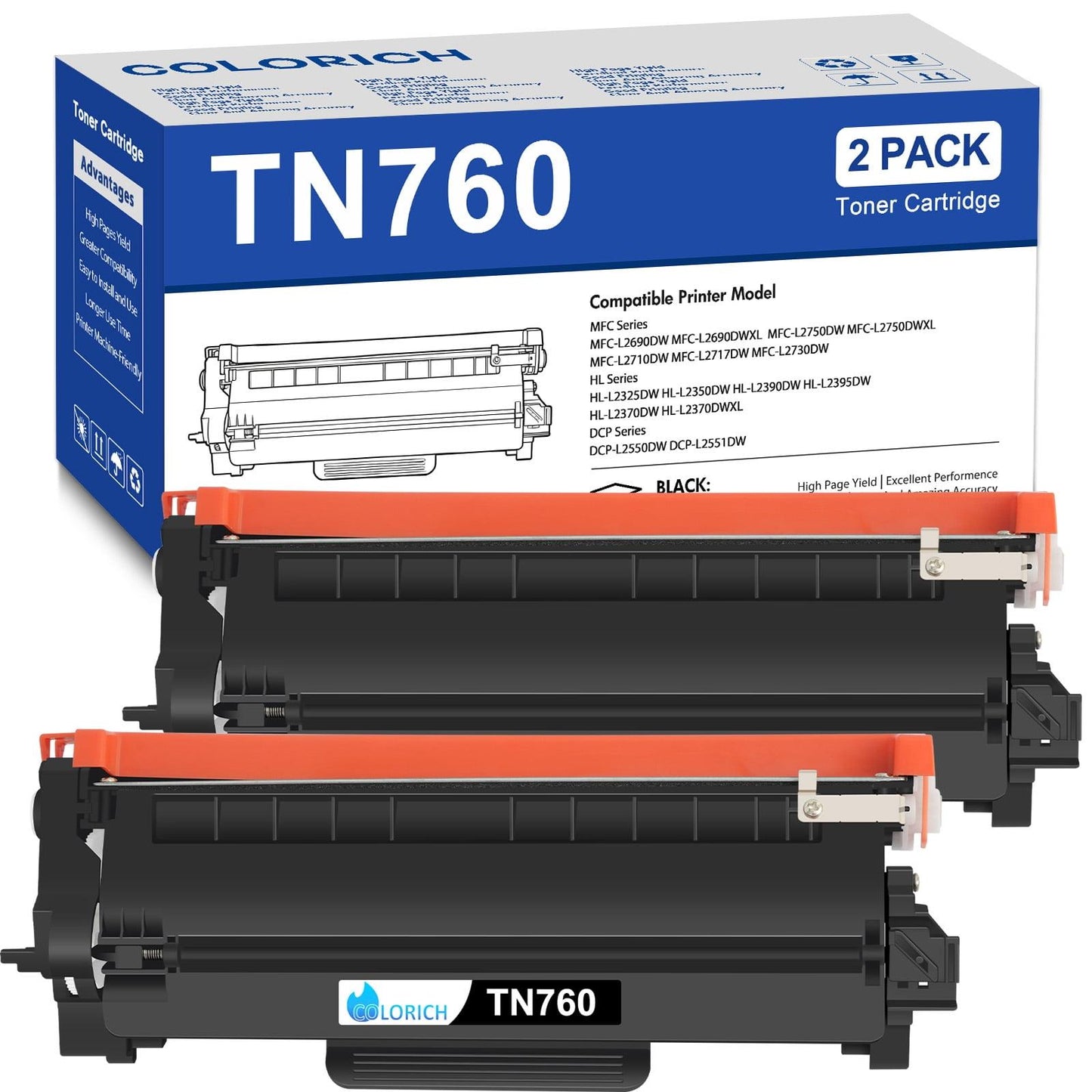 Colorich Compatible for Brother TN730 TN760 Toner Cartridge TN-730 TN-760 for HL-L2395DW MFC-L2710DW MFC-L2730 MFC-L2750DW DCP-L2550DW HL-L2390DW HL-L2370DW Printer Ink (Black, 2-Pack)
