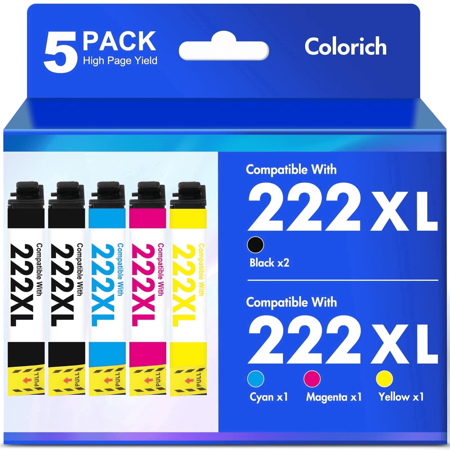 222XL Ink Cartridges 5 Pack Compatible for Epson 222XL 222 Printer Ink Combo Pack Epson Expression Home XP-5200 WorkForce Pro WF-2960 All-in-One (2 Black, 1 Cyan, 1 Magenta, 1 Yellow)