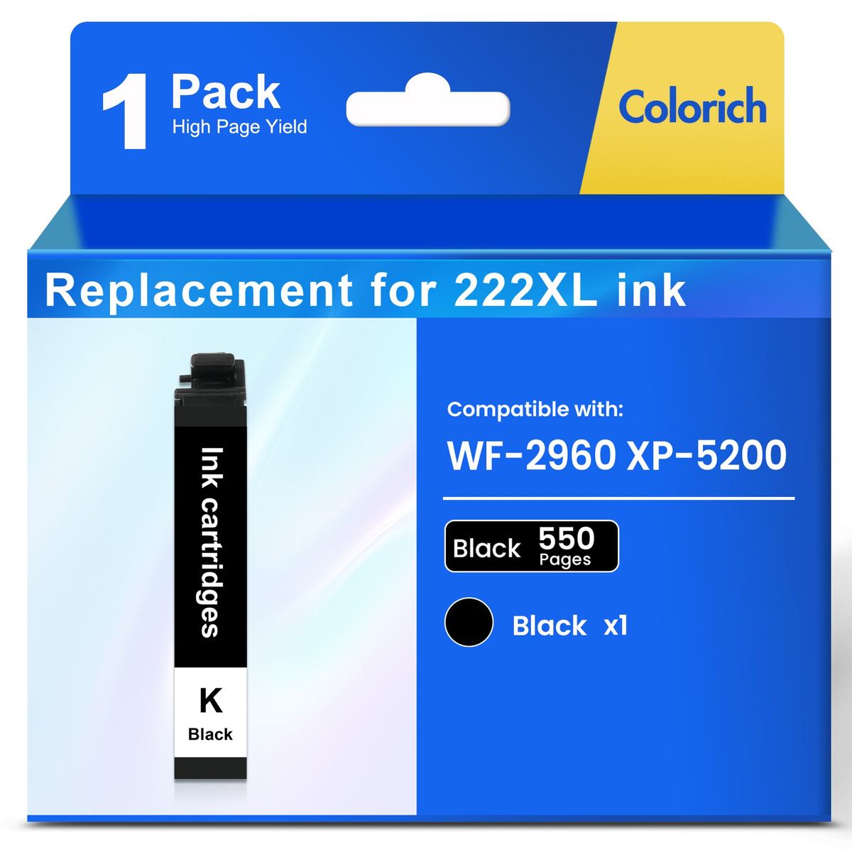 222XL Ink Cartridges 1 Pack Black Compatible for Epson 222 Ink 222 XL Printer Ink for Epson Expression Home XP-5200 WorkForce Pro WF-2960 All-in-One