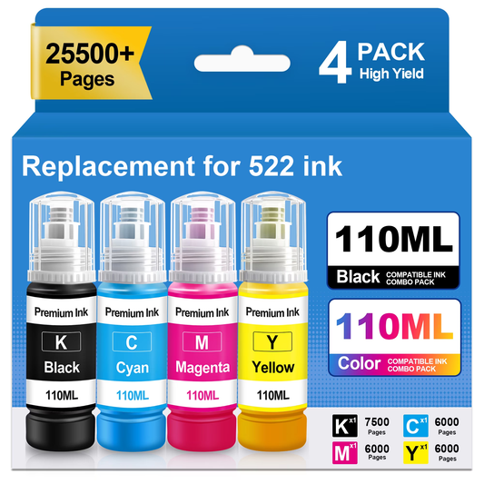 522 Ink Refill Bottles Compatible for Epson Ink 522 for EcoTank Printers ET-2800 ET-2400 ET-2720 ET-2803 ET-2840 ET-4700 ET-4800 ET-4810 (4 Pack)