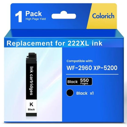 222XL Ink Cartridges 1 Pack Black Compatible for Epson 222 Ink 222 XL Printer Ink for Epson Expression Home XP-5200 WorkForce Pro WF-2960 All-in-One