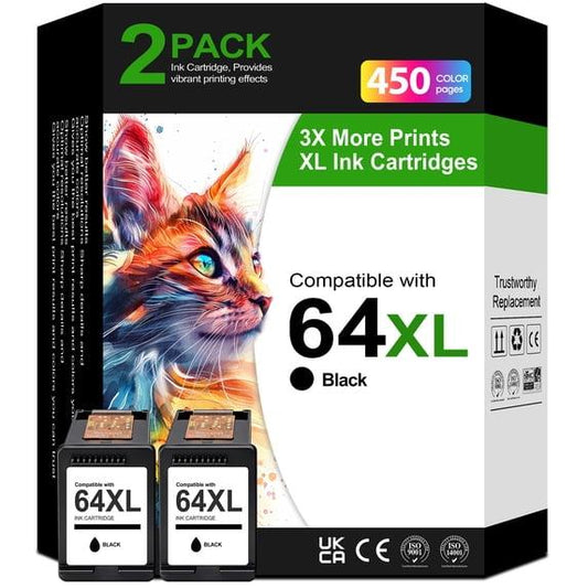 64XL 64 Ink Cartridges Compatible for HP 64XL 64 2 Pack Black Ink for Envy Photo 7855 7858 7155 7120 7800 6255 6252 7158 7164 (2 Black)