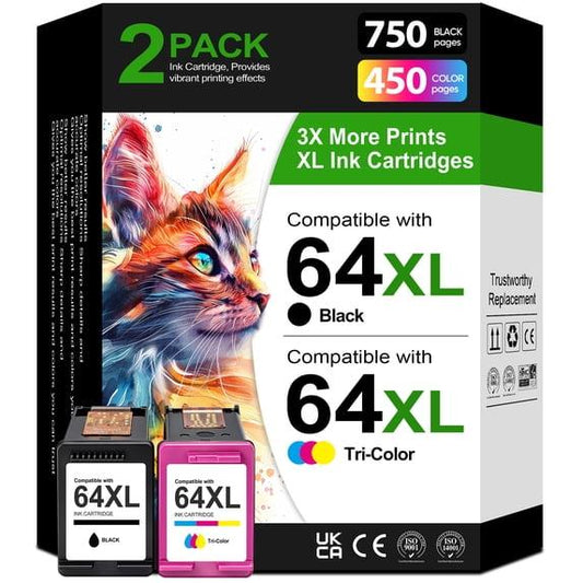64XL Ink Cartridges Compatible for HP 64 64XL Black and Color for Envy Photo 7855 7858 7155 7120 7800 6255 6252 7158 7164 (1 Pack Black, 1 Pack Tri-color)