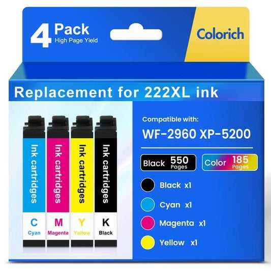 222XL Ink Cartridges 4 Pack Compatible for Epson 222XL 222 Printer Ink Combo Pack Epson Expression Home XP-5200 WorkForce Pro WF-2960 All-in-One (1 Black, 1 Cyan, 1 Magenta, 1 Yellow)