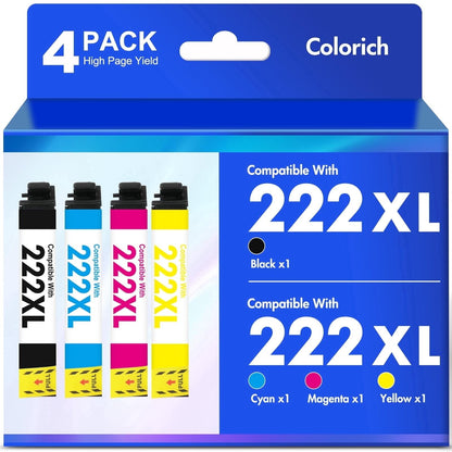 222XL Ink Cartridges 4 Pack Compatible for Epson 222XL 222 Printer Ink Combo Pack Epson Expression Home XP-5200 WorkForce Pro WF-2960 All-in-One (1 Black, 1 Cyan, 1 Magenta, 1 Yellow)